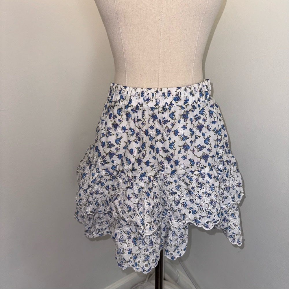 Jennifer & Grace M Blue White Floral Eyelet Embroidered Scalloped Skirt Top Set - Picture 10 of 10